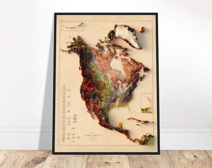 North America Geology Map – Vintage Geological Survey Print, Shaded Relief Topographic Art, Historic Continental Cartography