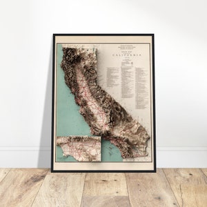 Mapa Rodoviário da Califórnia - Arte de Parede Impressão Topográfica, Arte Cartográfica, Decoração Vintage, Pôster Impressão da Califórnia, Mapa em Relevo