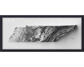 Mapa de elevación de Tennessee: arte topográfico minimalista en blanco y negro, impresión cartográfica moderna, póster con relieve sombreado