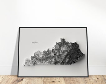 May include: A black and white topographic map of the state of Kentucky, printed on a white background and framed in a black frame.