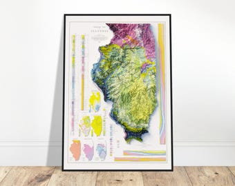 May include: A vintage geological map of Illinois, showing the state's topography and geological formations in various colors. The map is framed in black and has a white background.