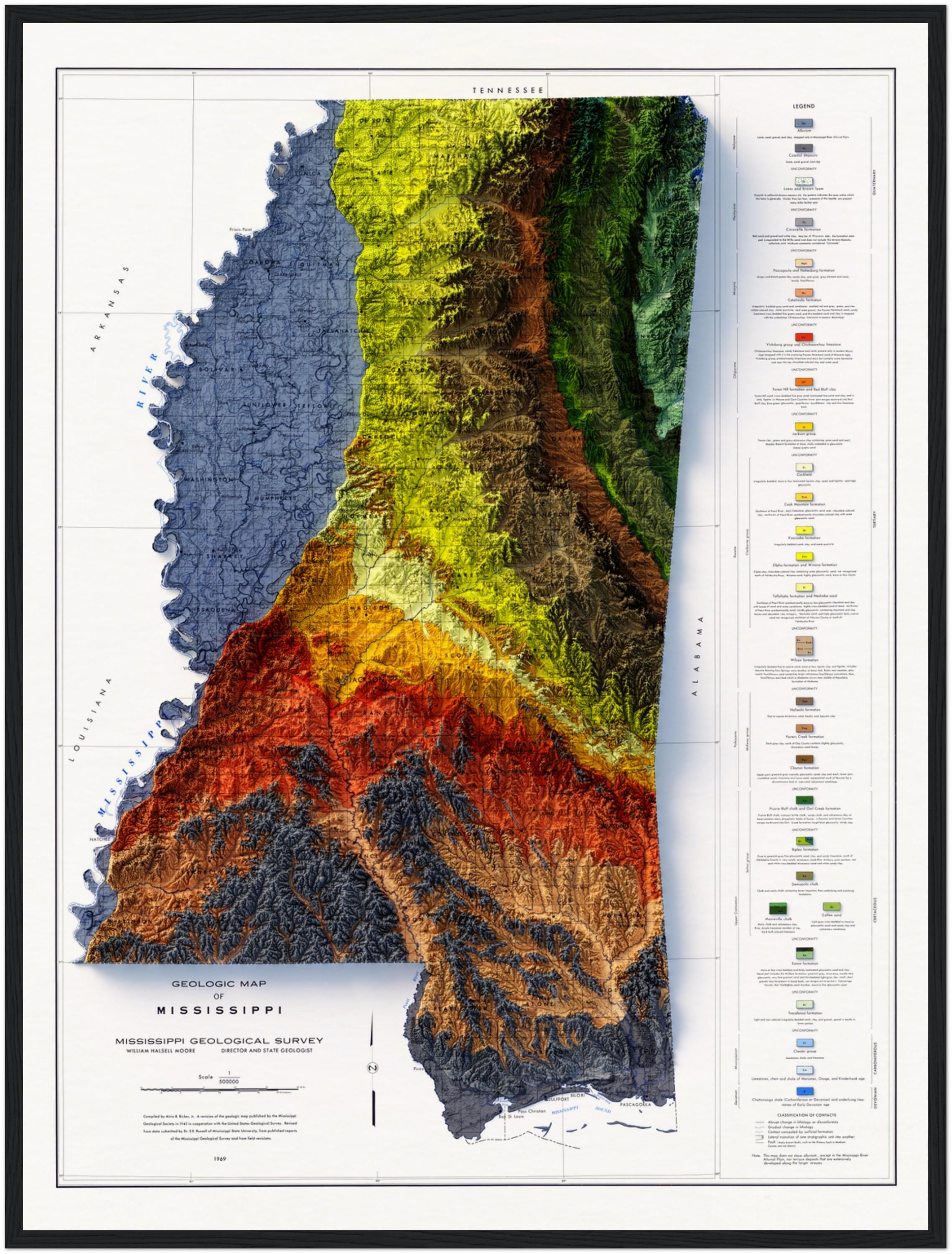 Mississippi Geology Map – Topographic Relief Map Art, Vintage