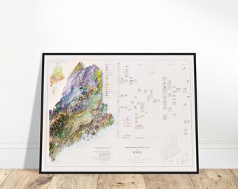 May include: A detailed geological map of Maine, showing the state's diverse rock formations and geological history. The map is printed in black and white with colored overlays indicating different geological periods. The map is framed in a black frame.