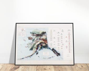 May include: A vintage map of Alaska with a detailed topographic relief showing the state's mountains, valleys, and rivers. The map is printed in shades of green, brown, and blue, and includes a legend and a scale.