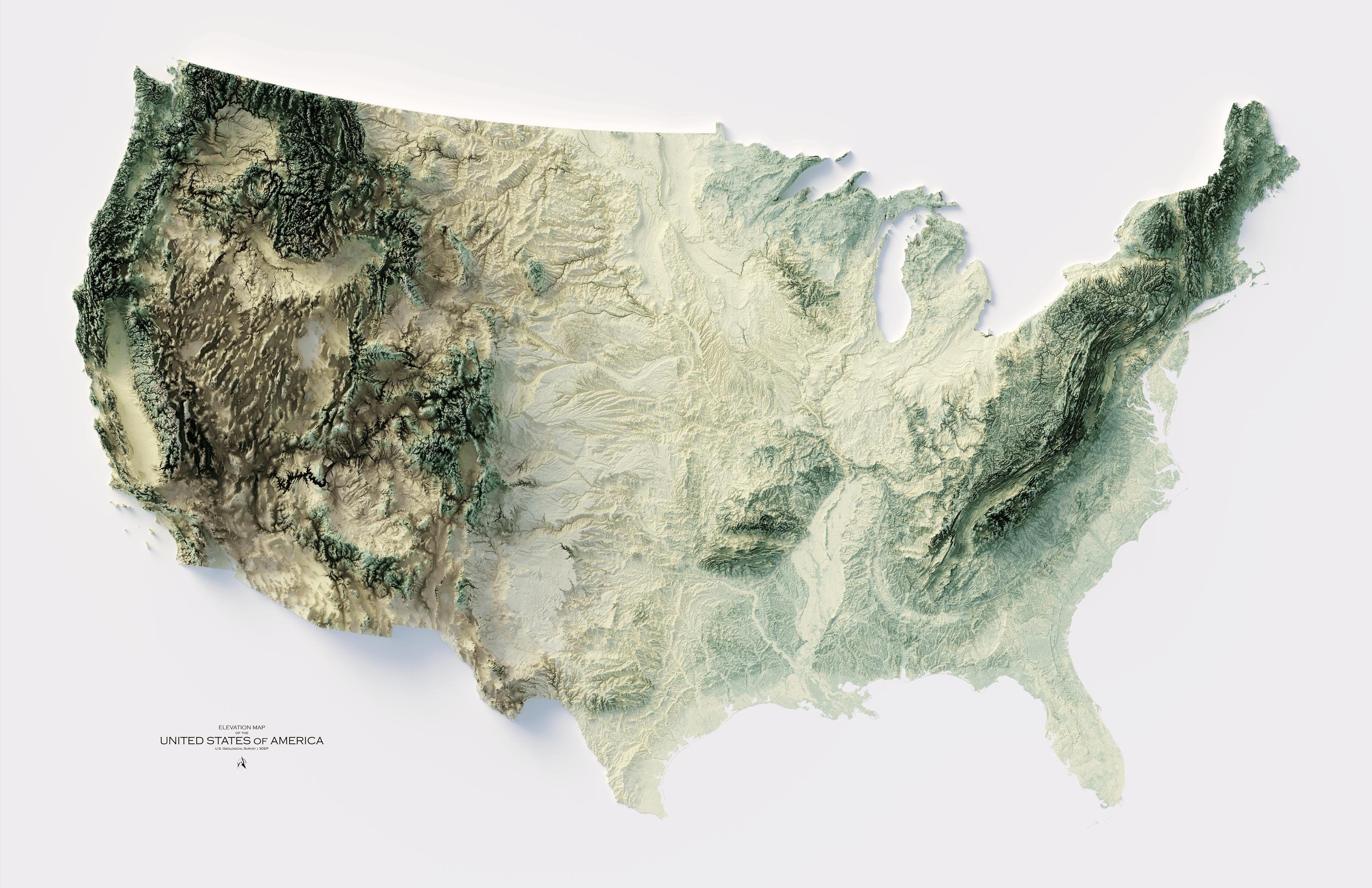 Elevation Map of the United States - Topographic Wall Art, Shaded ...