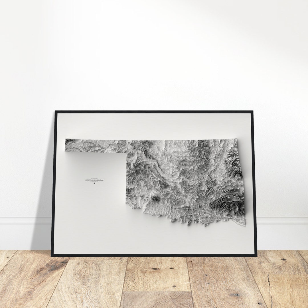 Oklahoma Elevation Map - Minimalist Black and White Topographic Wall ...