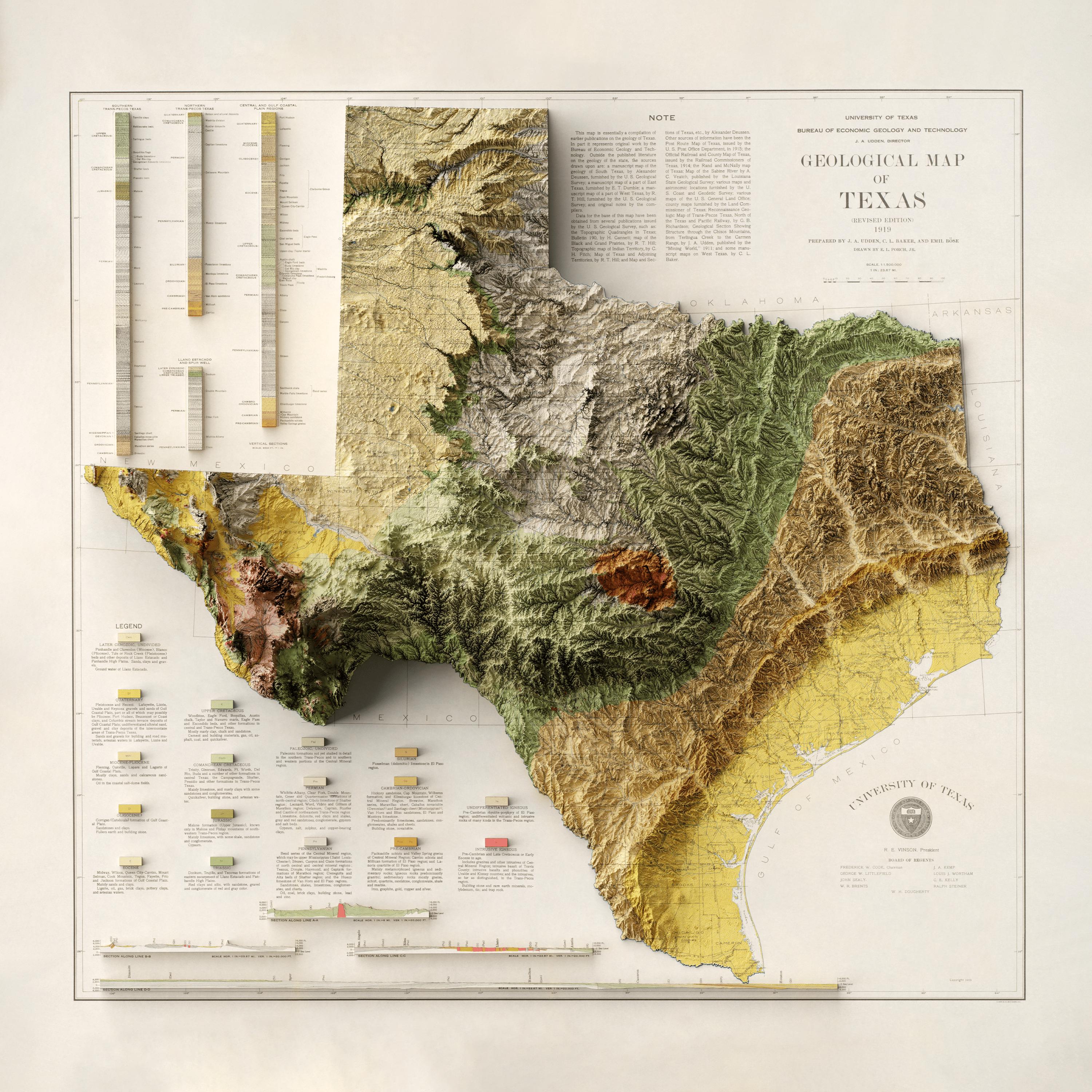 Texas Geology Map – Topographic Relief Map Art, Vintage Cartography ...