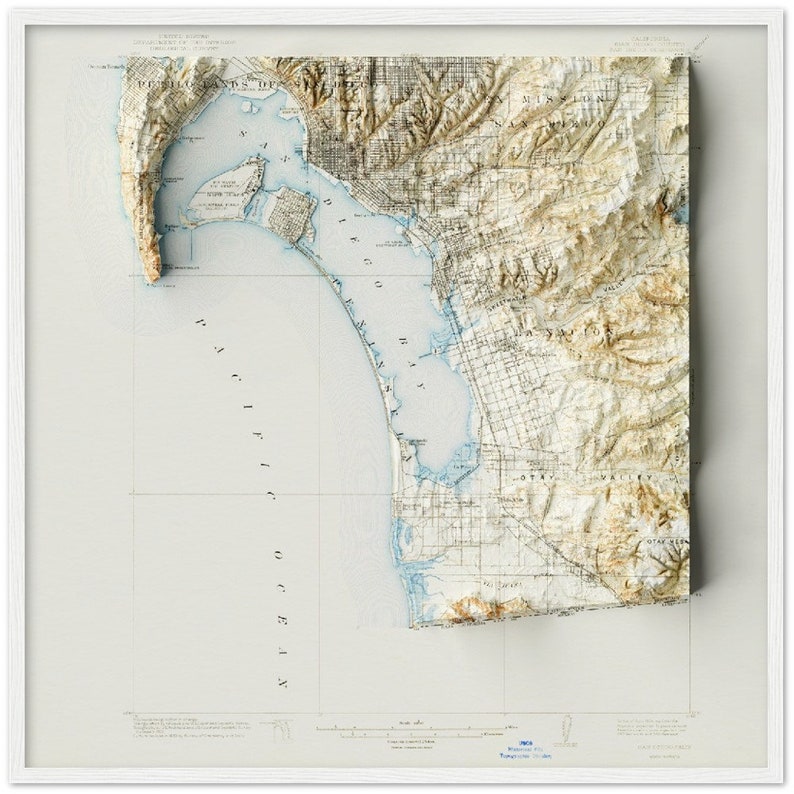 San Diego Map – Topographic Relief Print, Coastal Elevation Map Art