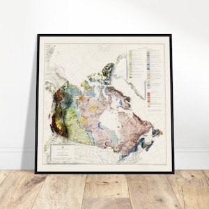 Carte géologique du Canada - relief topographique détaillé, oeuvre d'art murale pour la maison et le bureau, cadeau pour les amateurs d'aventure et de géologie