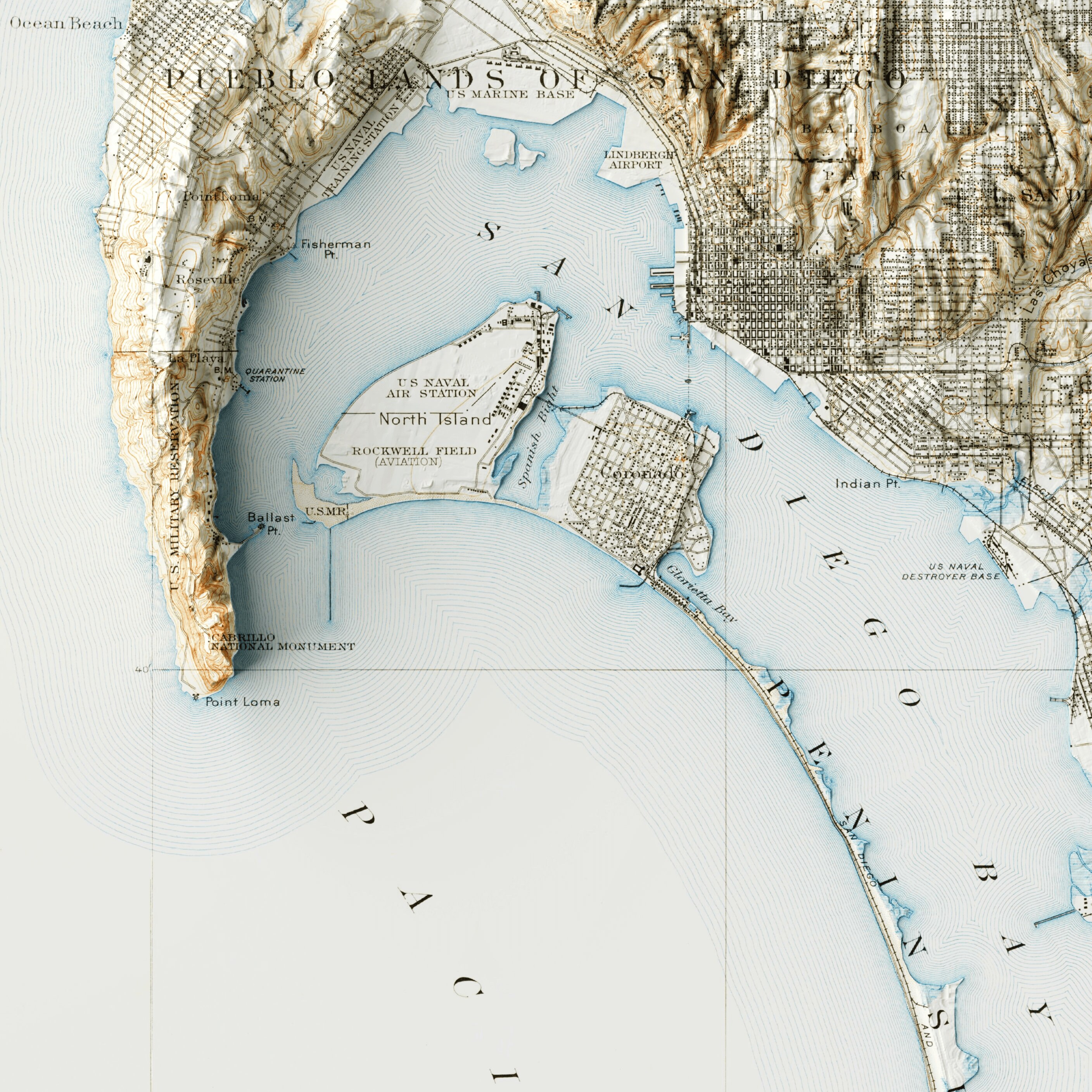 San Diego Map – Topographic Relief Print, Coastal Elevation Map Art
