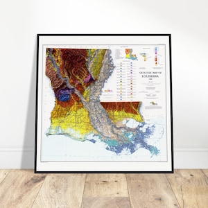 Carte géologique de la Louisiane, impression d'art mural, relief topographique, cadeau géologie, rendu de carte 2D, décoration vintage pour la maison et le bureau