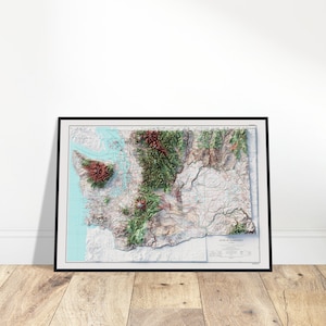 Kaart staat Washington, kunst aan de muur, topografische kaart, thuis- en kantoormuurdecoratie, cadeau voor liefhebbers van avontuur en geologie