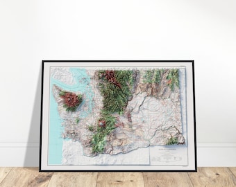 May include: A framed 3D relief map of the state of Washington, showing the topography of the state with mountains, rivers, and lakes. The map is printed in shades of green, brown, and blue.