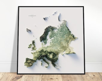 Hoogtekaart van Europa – Minimalistische topografische muurkunst, moderne cartografie, poster gearceerde reliëf