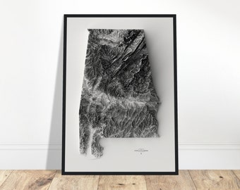 Alabama Elevation Map - Minimalist Black and White Topographic Wall Art, Modern Cartography Print, Shaded Relief Poster