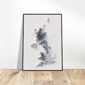 The United Kingdom Elevation Map - Minimalist Topographical Relief Wall Art for Home & Office Décor, Landscape Gift