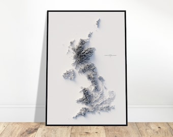 The United Kingdom Elevation Map - Minimalist Topographical Relief Wall Art for Home & Office Décor, Landscape Gift