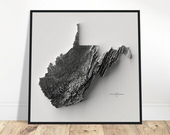 Puede incluir: Un mapa topográfico en blanco y negro de Virginia Occidental, impreso sobre un fondo blanco y enmarcado en un marco negro.