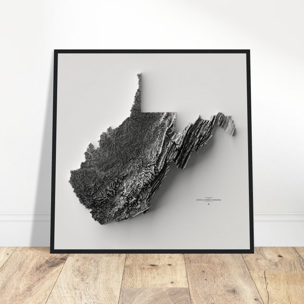West Virginia Elevation Map, Wall Art Topographic Print, Cartography Art, Vintage Décor for Home & Office, Explorers Gift