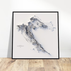 Carte des reliefs de la Croatie - Art minimaliste en relief topographique, décoration murale de qualité musée, cadeau de pendaison de crémaillère parfait
