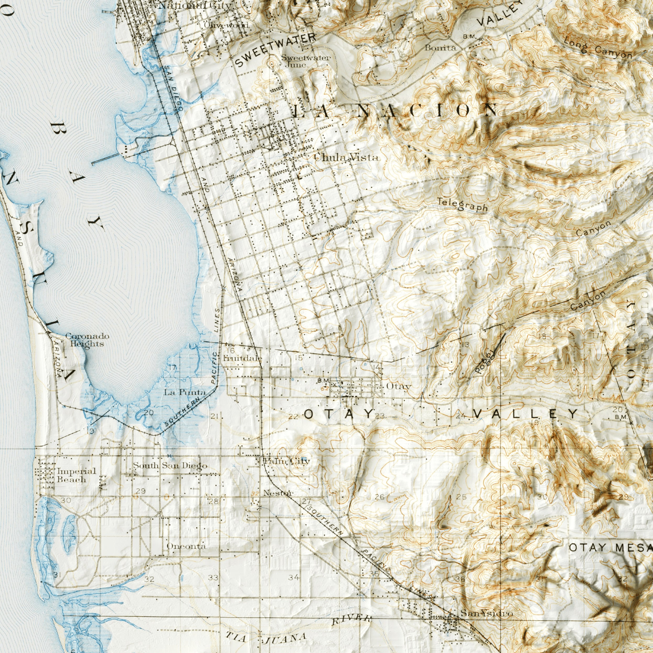 San Diego Map – Topographic Relief Print, Coastal Elevation Map Art