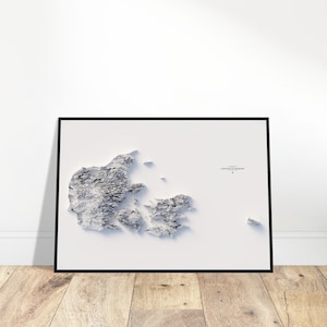 Mapa de elevação da Dinamarca - Arte em relevo topográfico minimalista, decoração de parede impressa personalizada, presente de inauguração de casa exclusivo
