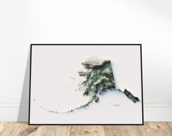 May include: A 3D topographic map of the state of Alaska, printed on white paper and framed in a black frame. The map shows the state's mountains, valleys, and coastline in shades of green and brown.