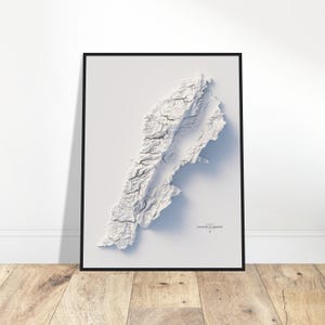 Carte d'altitude du Liban - art mural minimaliste en relief topographique pour la maison ou le bureau, cadeau du voyageur