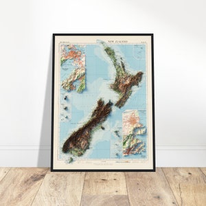 Topografiekaart Nieuw-Zeeland, topografische reliëfprint, uniek interieur, perfect cadeau voor ontdekkingsreizigers en geschiedenisliefhebbers