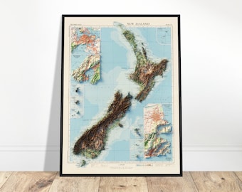 New Zealand Topography Map – Vintage Shaded Relief Print, Topographic Wall Art for Travelers and History Lovers