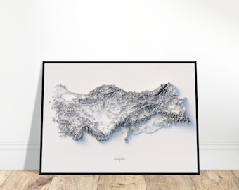 May include: A black and white 3D topographic map of Turkey, printed on white paper and framed in a black frame.