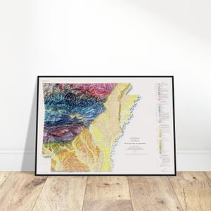 Carte topographique en relief de la géologie de l'Arkansas, rendue avec des données d'altitude, art mural pour les explorateurs et les amateurs de géographie