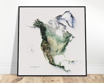 Elevation Map of North America - Minimalist Topographic Wall Art, Modern Cartography Print, Shaded Relief Poster