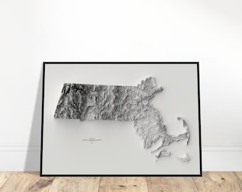 Massachusetts Elevation Map, Wall Art Topographic Print, Cartography Art, Vintage Décor for Home/Office, Explorers Gift