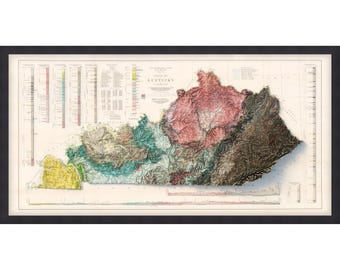 May include: A vintage, detailed, topographic map of Kentucky, showing the state's geological formations in various colors, including green, yellow, brown, and pink. The map is framed in black and has a white background.