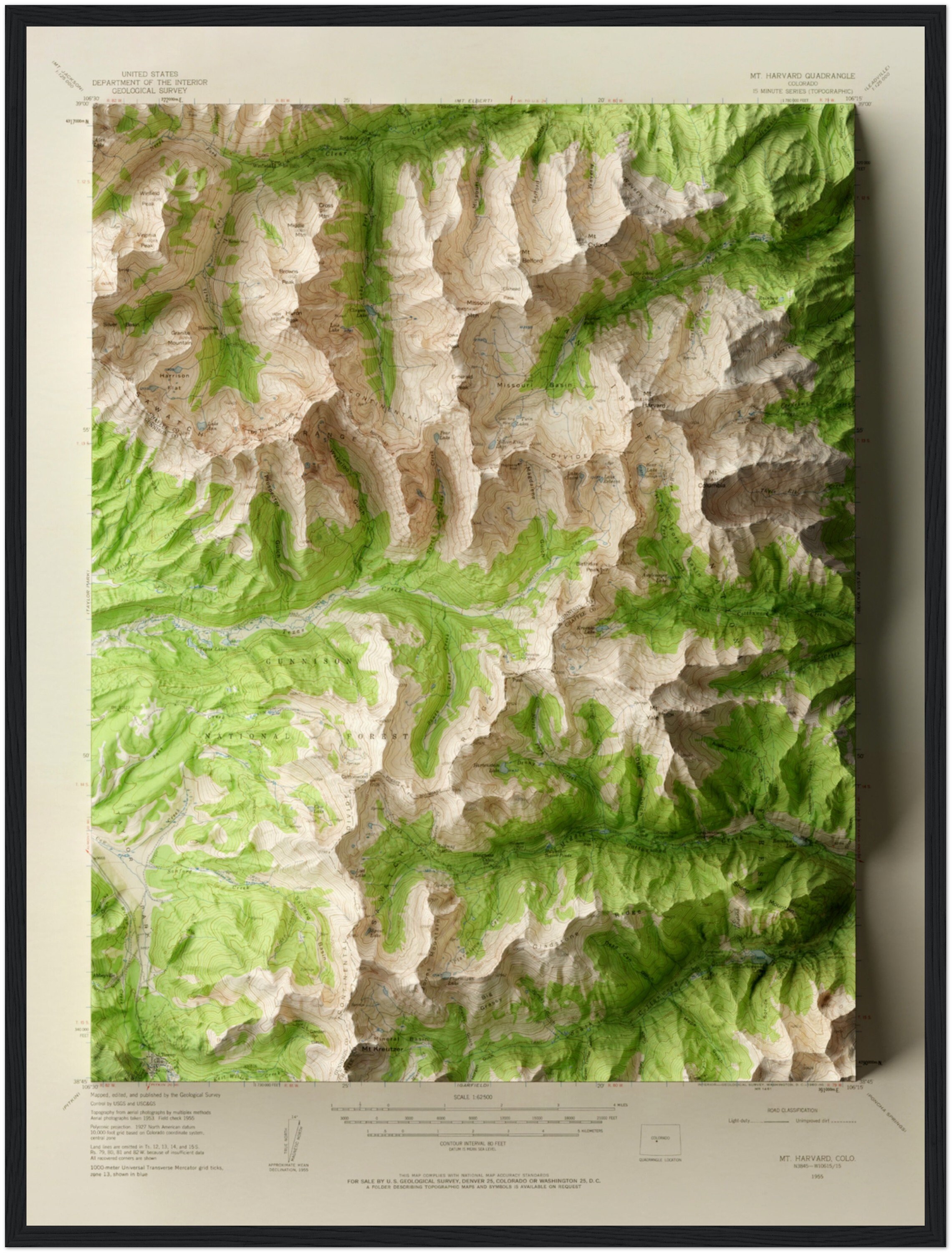 Mount Harvard Colorado Map – Vintage Topographic Relief Print ...