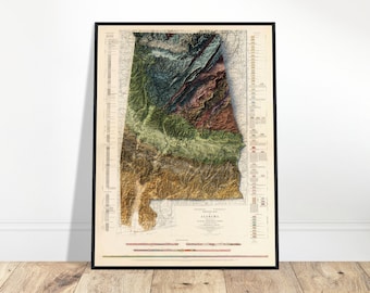 Alabama Geology Map – Topographic Relief Map Art, Vintage Cartography Print, Geology Gift