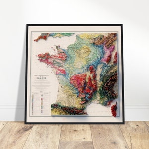 Geologiekaart Frankrijk - gedetailleerd topografisch reliëf, muurkunst voor thuis en op kantoor, cadeau voor liefhebbers van avontuur en geologie