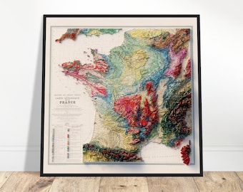 France Geology Map – Vintage Topographic Relief Print, Detailed Geological Wall Art, Geology Gift