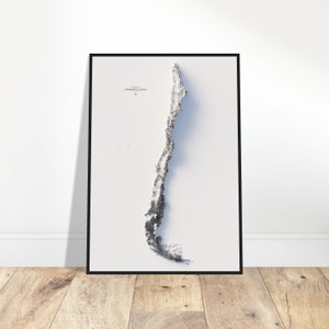 Carte d'altitude du Chili - Impression d'art minimaliste en relief topographique, décoration murale pour la maison et le bureau, cadeau pour les amateurs de géographie