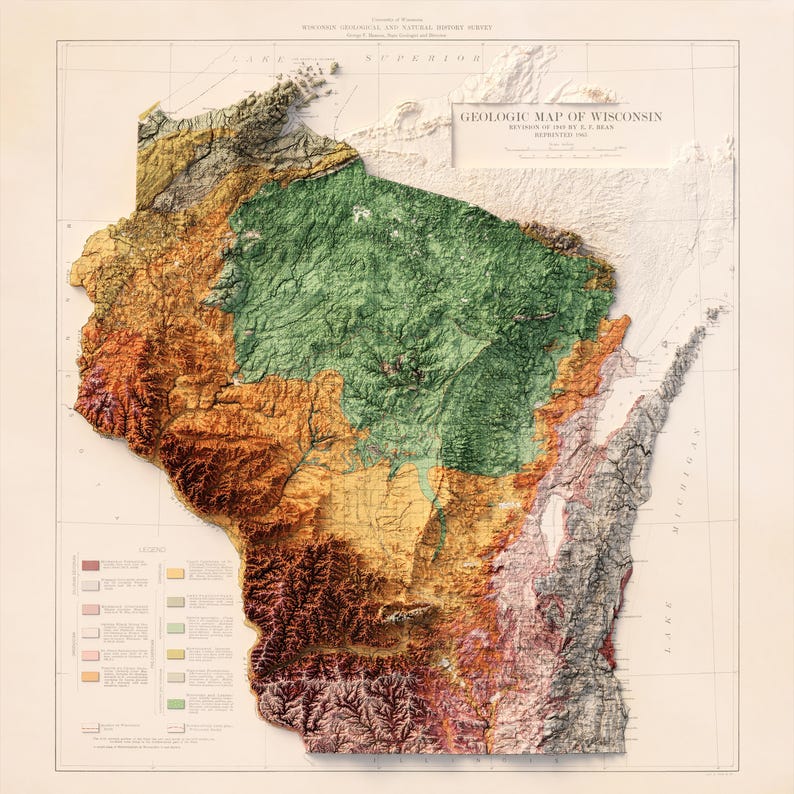Wisconsin Rocks Map Wisconsin Geology Map – Topographic Relief Map Art, Vintage Cartography ...