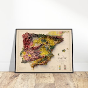 Geologiekaart van Spanje en Portugal - gerenderd 2D topografisch reliëf, uniek wanddecor, cadeau voor ontdekkingsreizigers en geschiedenisliefhebbers