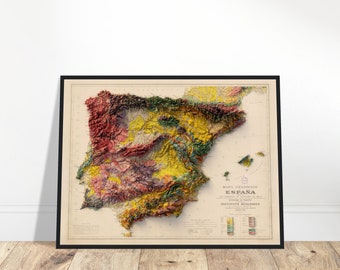 Puede incluir: Mapa geológico enmarcado de España, con relieve detallado y colores variados que representan diferentes formaciones geológicas. El mapa incluye texto en español y está enmarcado en negro.