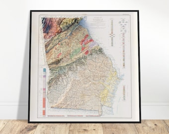 May include: A vintage map of Georgia, showing the state's geological formations in various colors. The map is framed in black and has a white background.