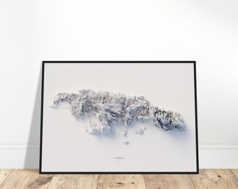 Jamaica Elevation Map – Minimalist Black and White Topographic Wall Art, Modern Cartography Print, Shaded Relief Poster