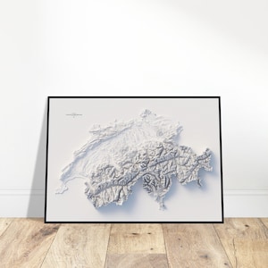 May include: A framed, three-dimensional relief map of Switzerland, rendered in shades of white and gray. The map highlights the country's mountainous terrain, with a black frame and a white background. The artwork is displayed on a wooden floor.
