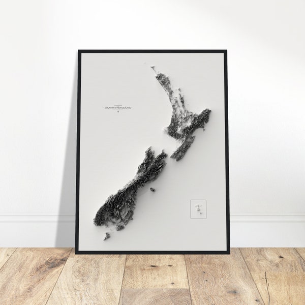 Nieuw-Zeeland reliëfkaart - topografische kunst aan de muur, hoogtedetail, cartografische print, cadeau voor thuis- en kantoordecoratie