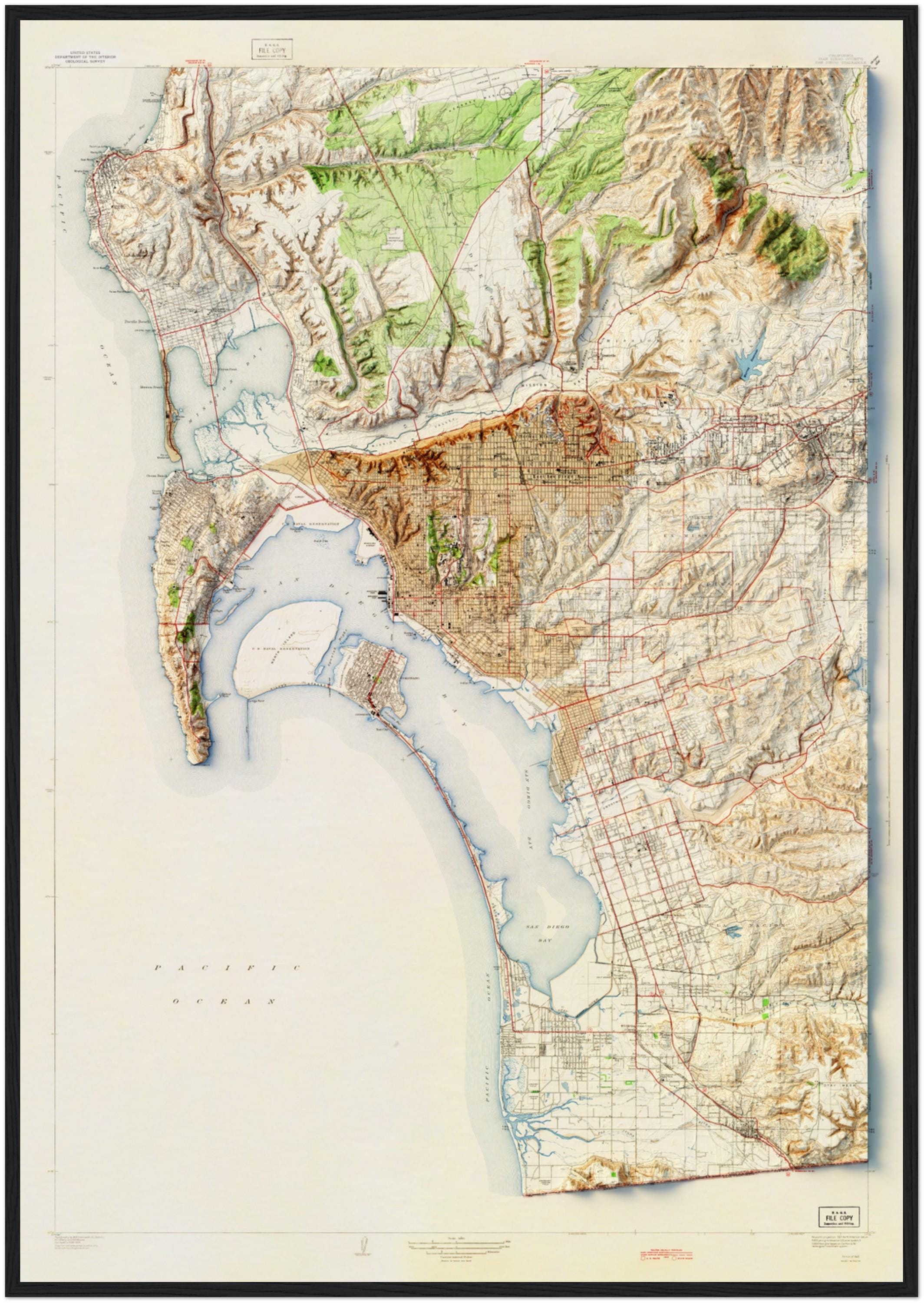 San Diego California Map – Vintage Topographic Relief Print, Coastal