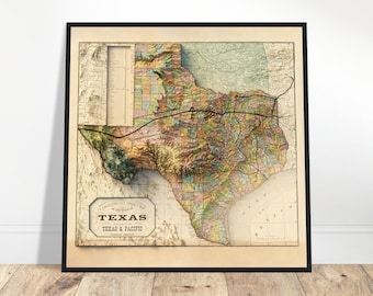 Texas Topography Map – Vintage 1876 Shaded Relief Print, Historic Cartography Art, Detailed State Map Poster, Antique Style Wall Decor