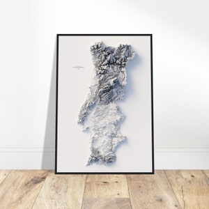 Carte d'altitude du Portugal - art mural minimaliste en relief topographique, décoration paysagère pour maison/bureau, cadeau pour les amateurs de cartes